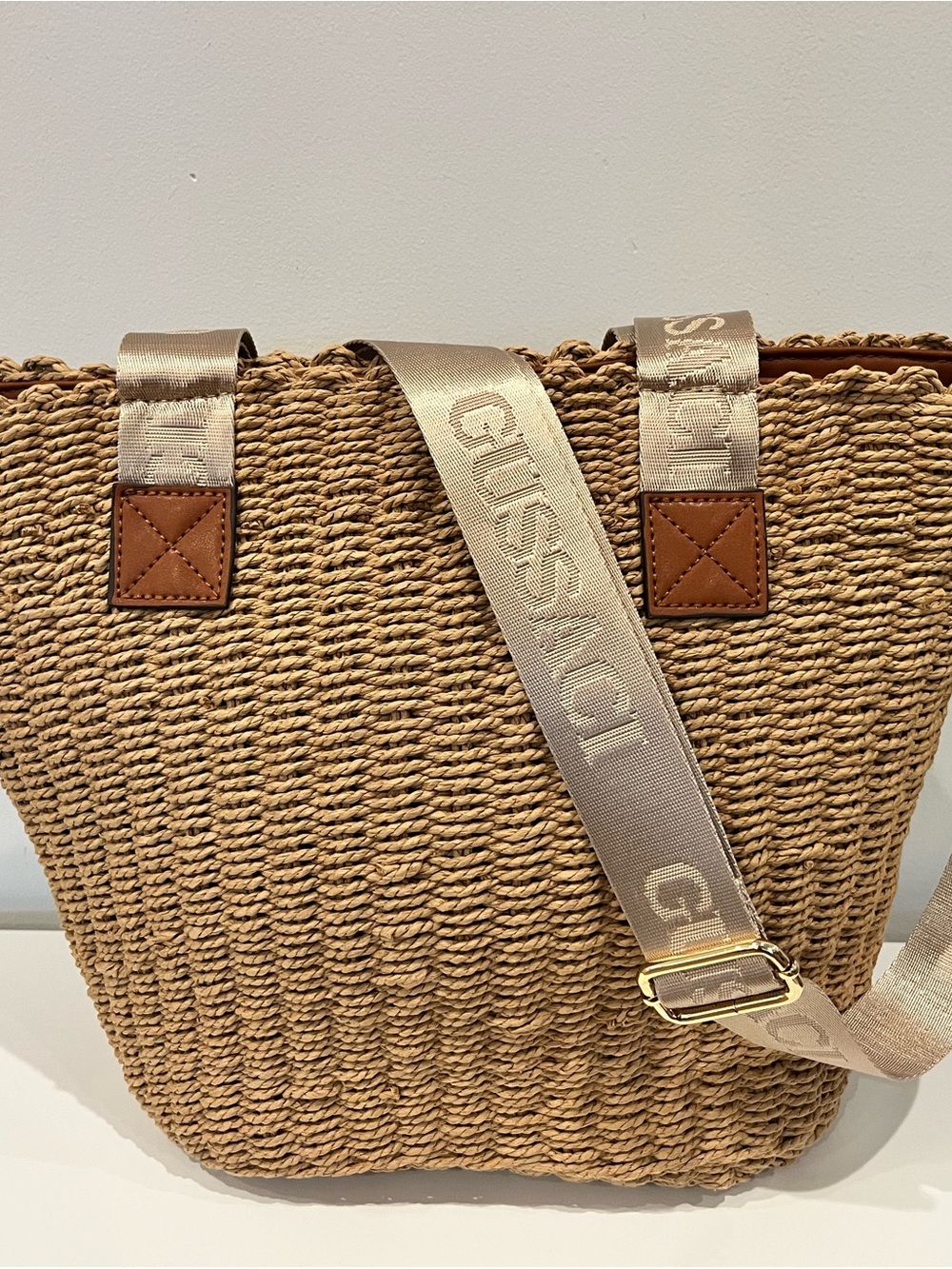GUESS Straw Tote Bag with Branded Beige Strap - Tan